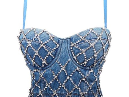 Cassie Embellished denim bustier top in blue Fashion